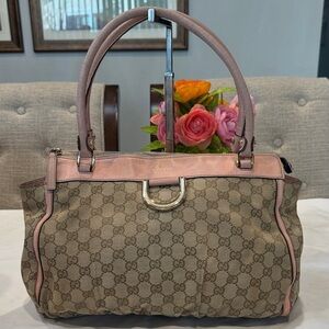 Authentic Gucci Beige and Pink Monogram Shoulder Bag